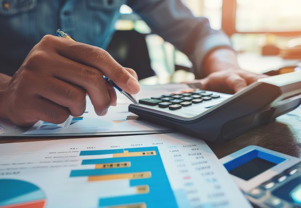 Person using a financial calculator, planning their savings and investments